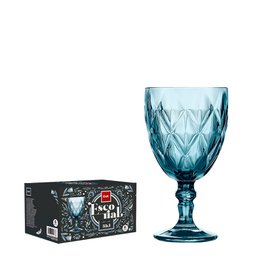 Elegant blue glass water/wine glass with diamond-shaped pattern, 35 CL capacity, suitable for formal dining or everyday use.