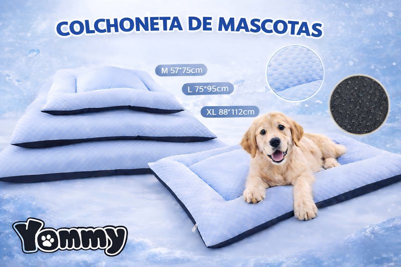 Yommy kølemåtte til kæledyr: Åndbart issilketæppe, blødt og skridsikkert. Fås i 3 farver (grøn, grå, blå) og størrelser M/L/XL. Ideel til hunde og katte, vaskbar og det bedste valg til sommeren. Kopi