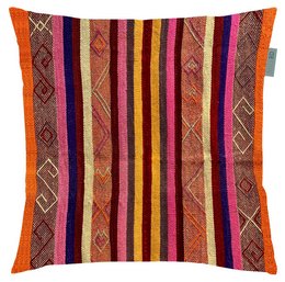 Vibrant, multicolored striped cushion cover with intricate geometric patterns, suitable for a cozy, bohemian-inspired home decor.