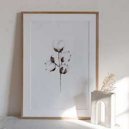 Cotton wall art in various sizes, featuring a minimalist botanical illustration of cotton bolls in black and white.