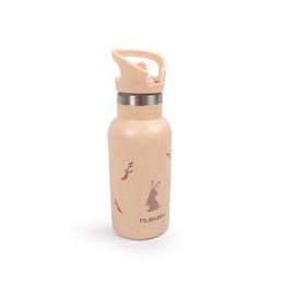  Stainless steel water bottle, cream beige color, rabbit carrot thief design, kids bottle with handle.