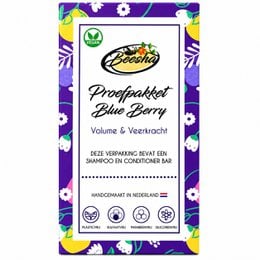 Blueberry Duo sample pack, a shampoo product featuring a floral design on the packaging. The shampoo is likely made with blueberry ingredients and is suitable for daily use.