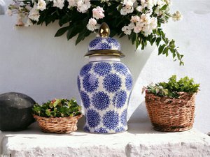 Dahlia Blau und weißes Porzellangingerglas