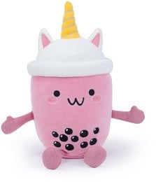 Pink white unicorn bubble tea squishy plush toy with horn cute face boba pearls
