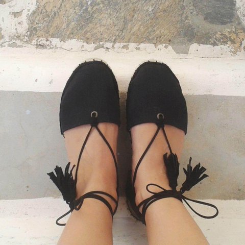 Boho Lace Up Espadrilles - Black - Double Sole