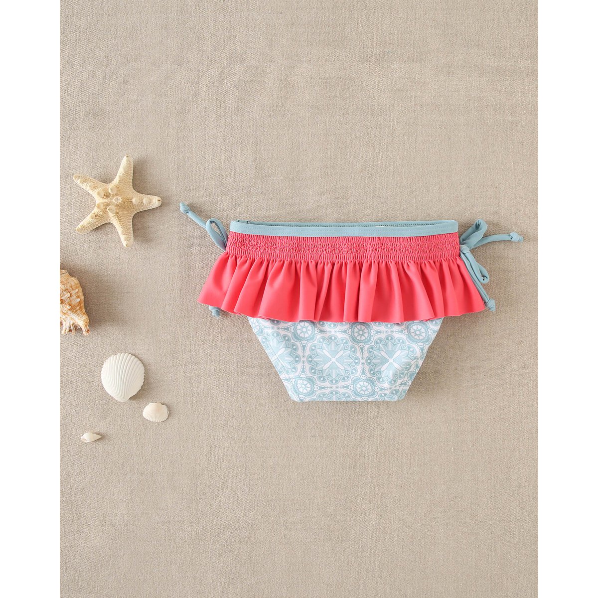 Babypiger Retro Print Blue og Fuchsia Ruffle Romper M191-23504032