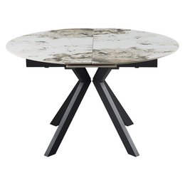 Round, extendable dining table with Liberty Pandora design and marble-like top.