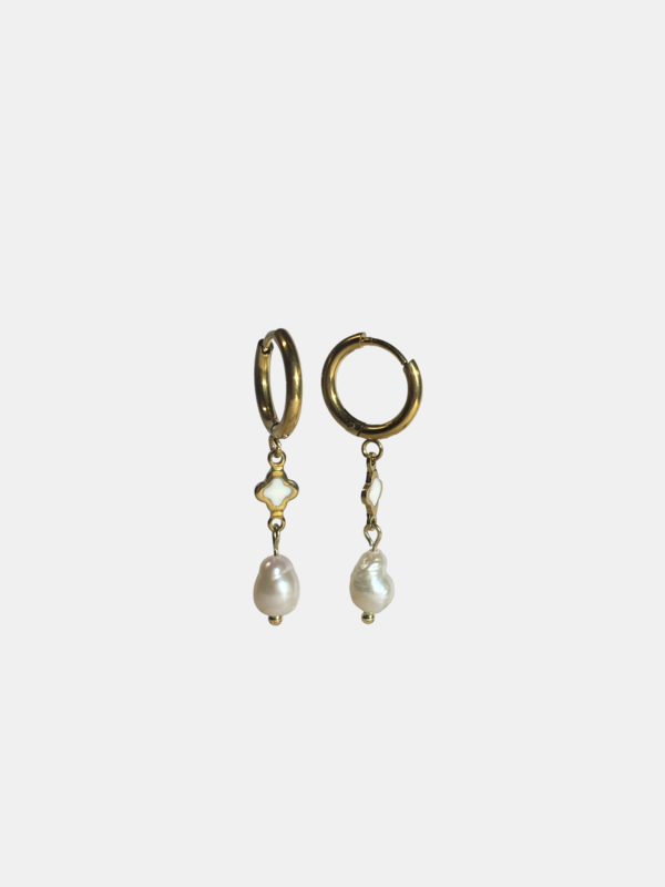 Quatrefoil Pearl Huggie Earrings