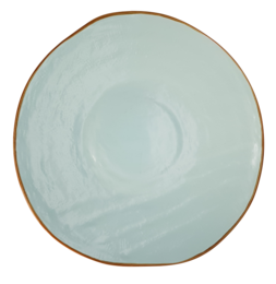 Turquoise dinner plate, 28cm diameter, made of ceramic material with a smooth, glossy finish and a brown rim.