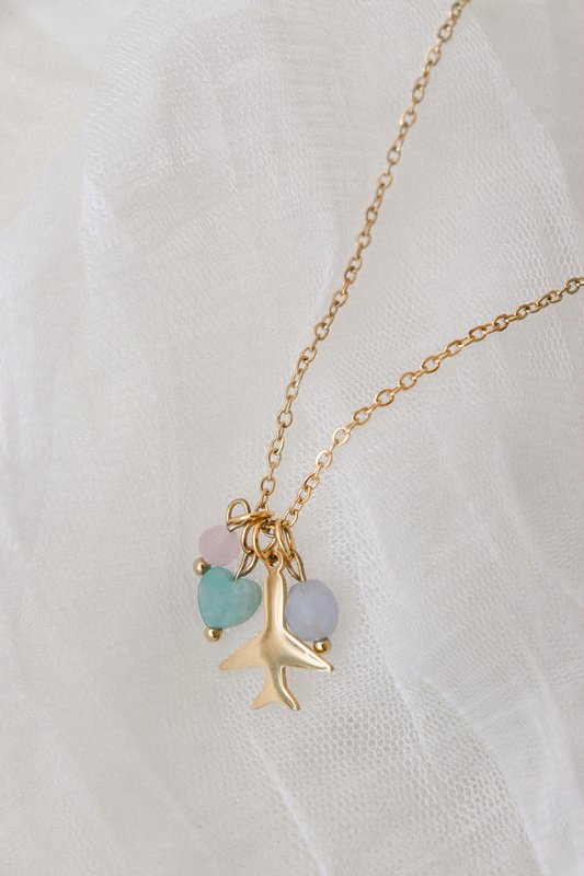 Airplane Halskæde Rose Quartz, Amazonite og Aquamarine - Guld