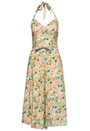 A sleeveless, knee-length dress with a halter neckline and a floral print in shades of green, yellow, and orange. The dress has a fitted bodice and a flared, pleated skirt.