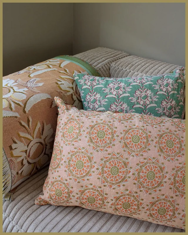 NIN-NIT | Cojín Nouveau de Soleil | 100% algodón tejido | cojín decorativo con soles, mosaico, estampado de naturaleza | marrón | beige | rosa | verde | amarillo | 40x60cm