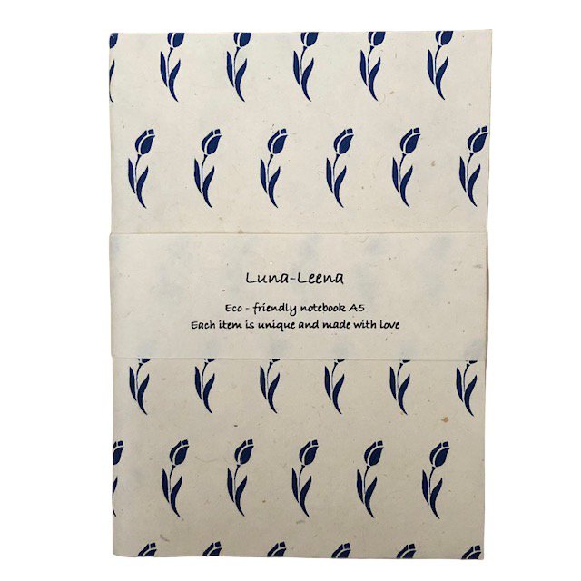 Quaderno Luna-Leena A5 stampa tulipani olandesi - blu Delft - copertina morbida - carta ecologica - fatto a mano in Nepal