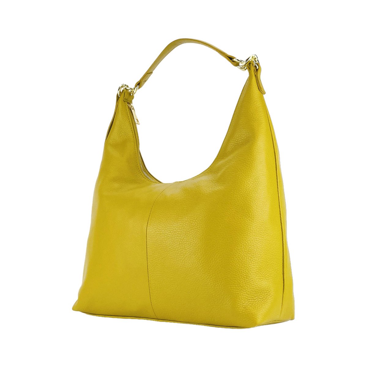 RB1017AR | Soft women's shoulder bag in genuine leather Made in Italy with single handle and removable shoulder strap. Attachments with shiny gold metal snap hooks - Mustard color - Dimensions: 36 x 40 x 13 cm