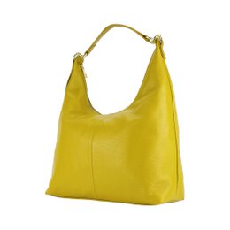 RB1017AR | Soft women's shoulder bag in genuine leather Made in Italy with single handle and removable shoulder strap. Attachments with shiny gold metal snap hooks - Mustard color - Dimensions: 36 x 40 x 13 cm