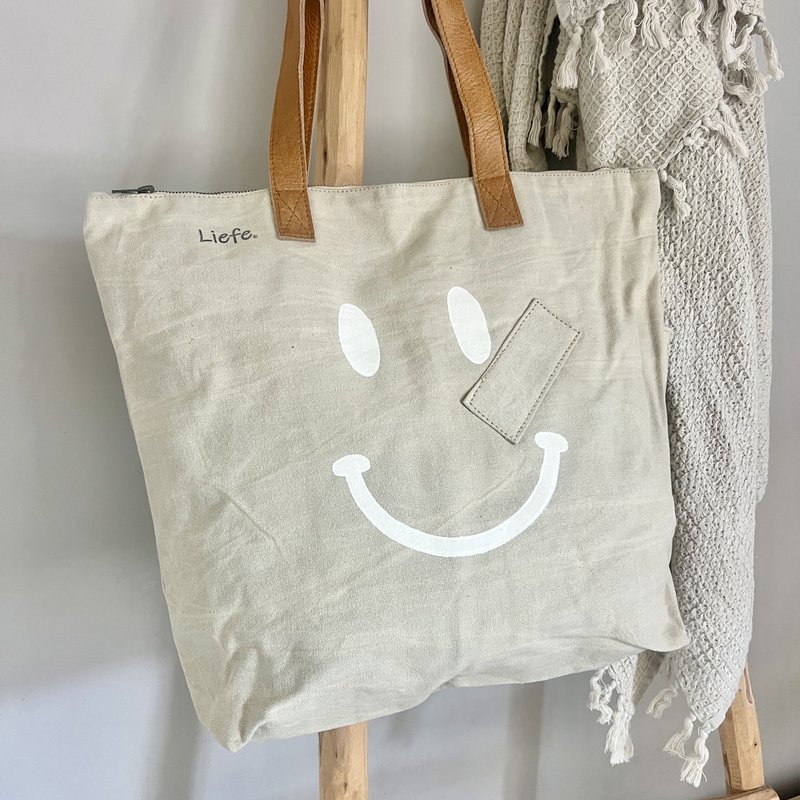 ShopperBag happy face white (vintage light canvas) NEW