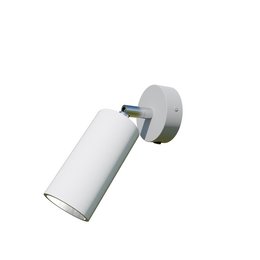 A modern, minimalist wall light in a silver and white color scheme. The light has a cylindrical shape and is mounted on the wall, providing a focused and directional light source.