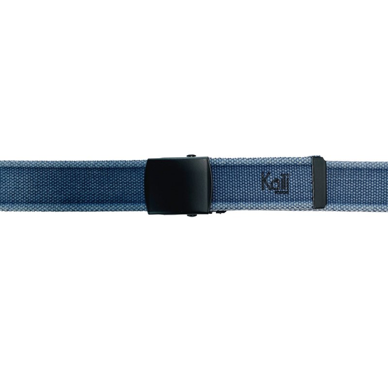 K4010DB | Stone Washed Canvas Ribbon Belt Col. Blue with Matt Black Buckle. Dimensions: 125 x 4 x 0.5 cm One size - Can be shortened. Packaging: Rigid bottom/lid gift box