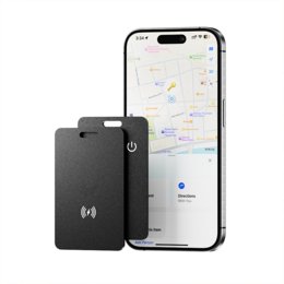 Black rectangular device with a power button, used as a phone tracker or holder. Smartphone with map application displayed on the screen.