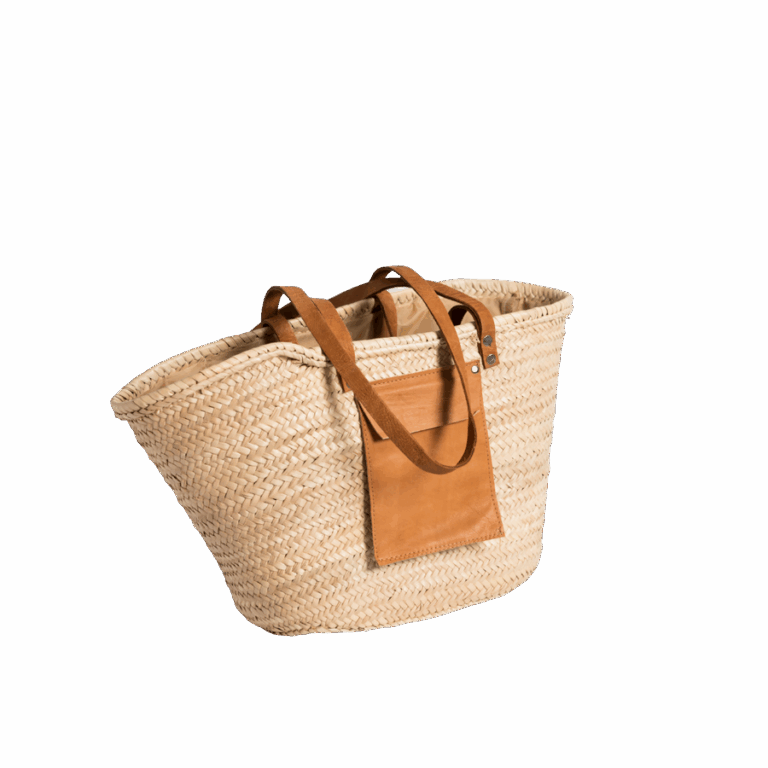 Sac de plage en paille marocain fait à la main – Fourre-tout en palmier tissé avec sangles en cuir | Panier d'été léger