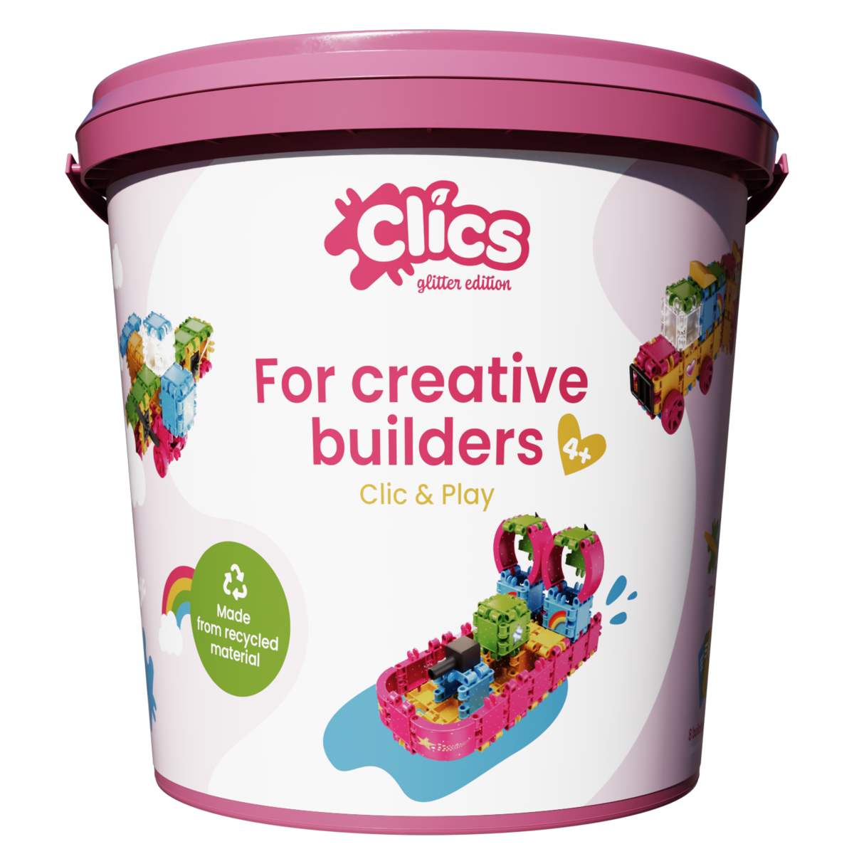 Clics building blocks– DURABLE TOYS made of RECYCLED PLASTIC (Made in Belgium)- Glitter building set 8 in 1