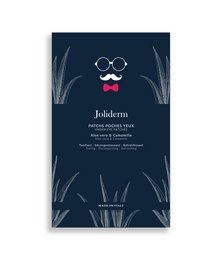 Men's eye pocket patches for skincare. Dark blue packaging with white glasses and red bow tie icon. Includes product details and usage instructions.