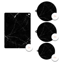 Set of 12 black marble-patterned induction protectors. Durable, heat-resistant material suitable for use on induction cooktops. Circular shape with a smooth, polished finish.
