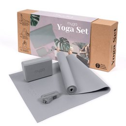 Grey yoga set with mat, blocks, and strap for beginners exercise fitness.