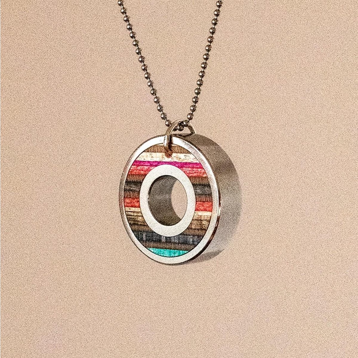 Skateboard Wood Bearing Pendant Necklace, Recycled Skateboards and Stainless Steel, Unisex