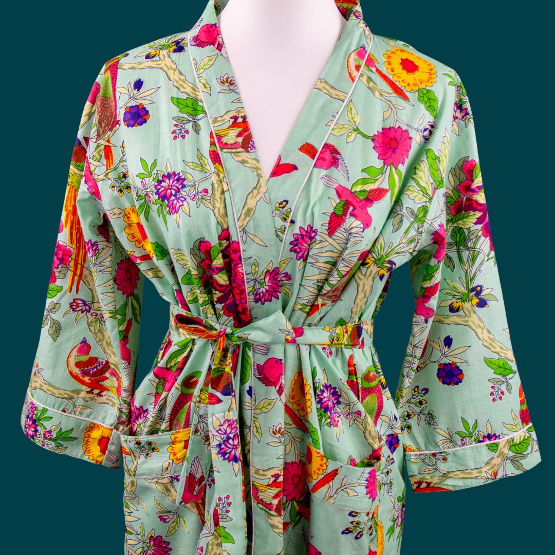 Stampa a blocchi verdi chiari Morning Coat, accappatoio, 100% di cotone, mantello mattutino, kimono, dall'India, impronta a mano