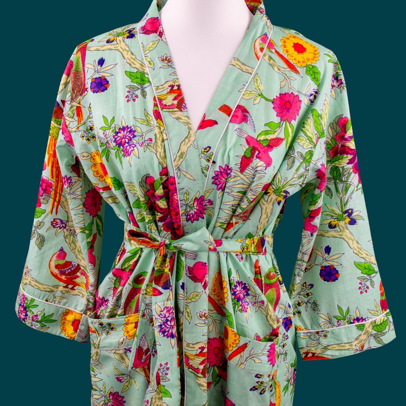 Stampa a blocchi verdi chiari Morning Coat, accappatoio, 100% di cotone, mantello mattutino, kimono, dall'India, impronta a mano