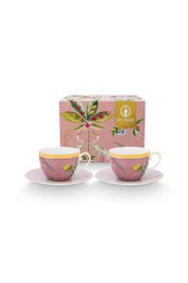 Set of 2 pink and yellow ceramic cups and saucers with floral patterns, suitable for tea or coffee.