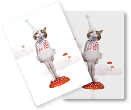 Postcard featuring a whimsical illustration of a cat wearing a polka dot outfit and standing on a mushroom.