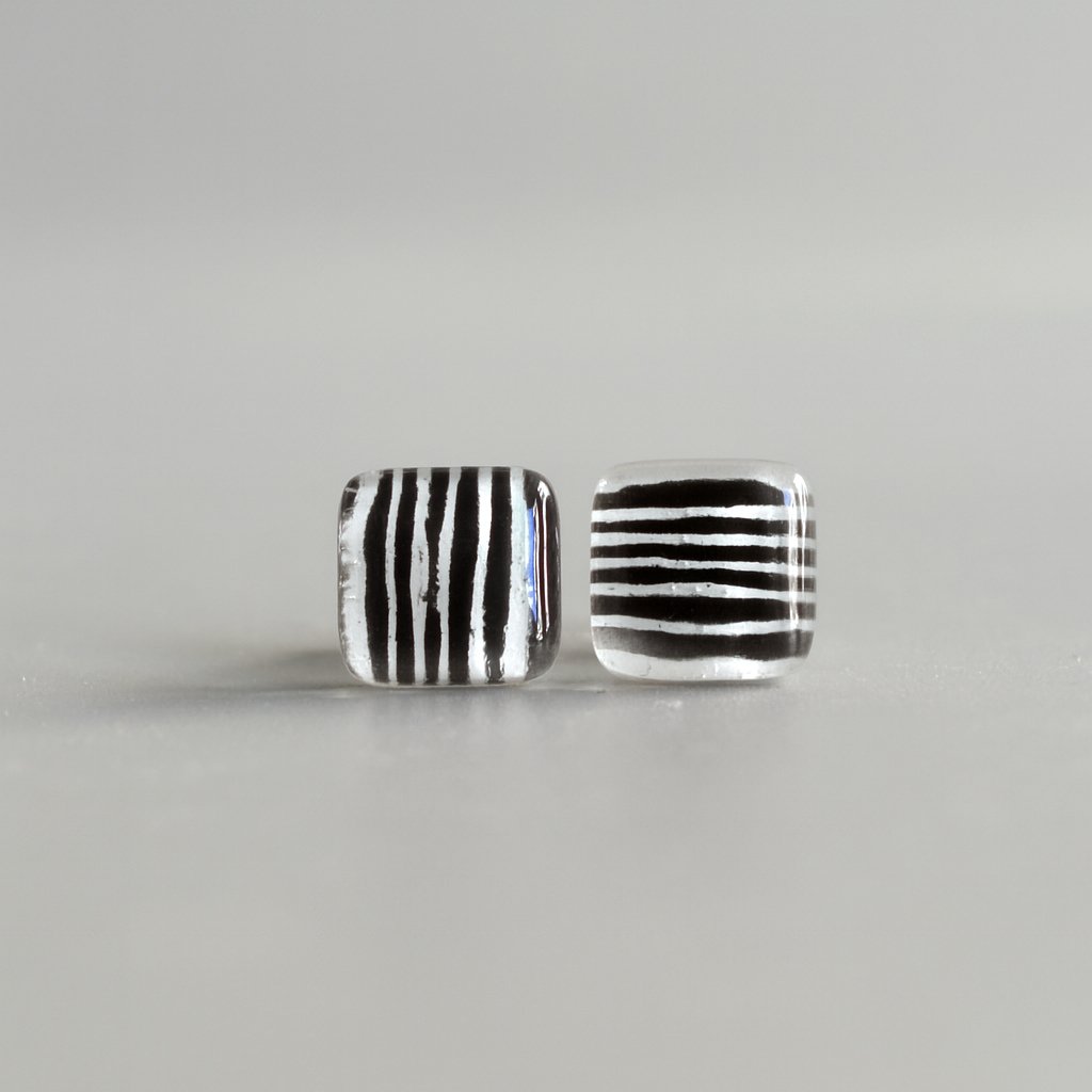 Tiny  black white striped earrings with sterling silver posts