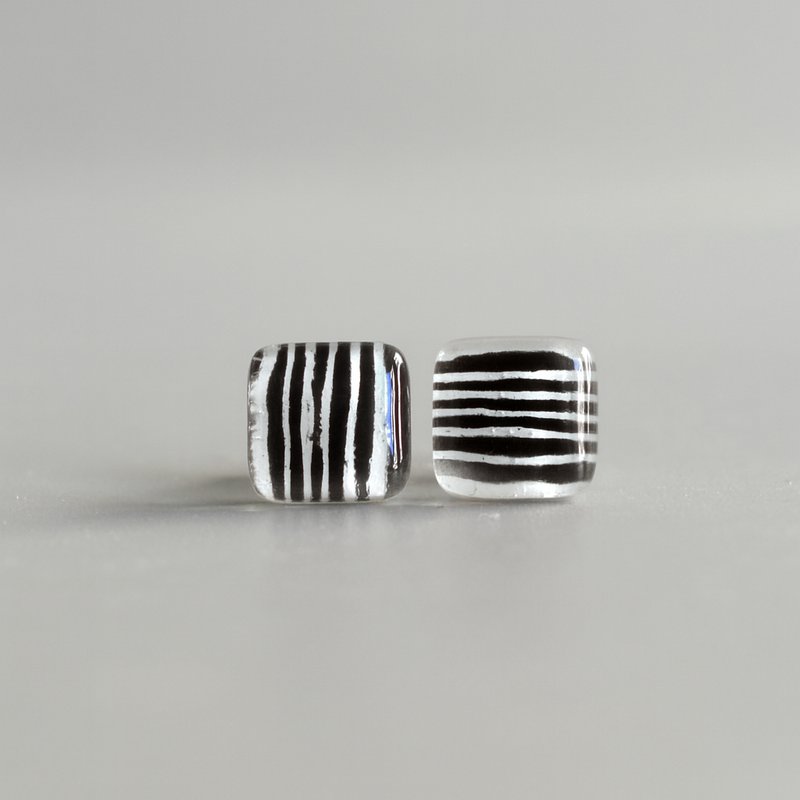 Tiny  black white striped earrings with sterling silver posts