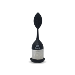 Black tea infuser with glass container for loose leaf tea.
