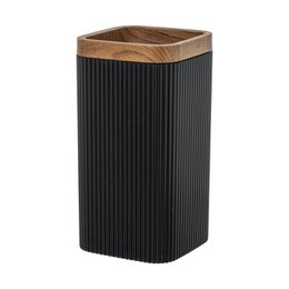 A black acrylic bathroom glass with a square shape, ribbed texture, and wooden lid measuring 7x7x13cm.