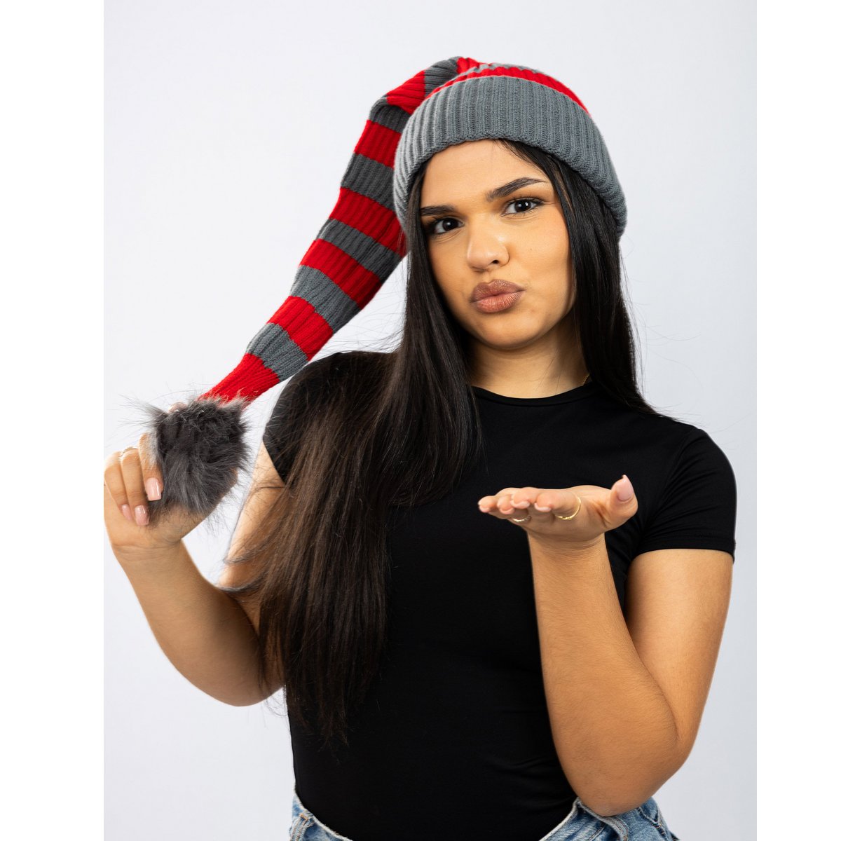 Santa hat - Red/grey striped flat knit fur pompom