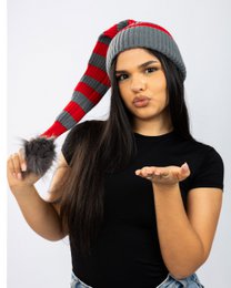 Santa hat - Red/grey striped flat knit fur pompom