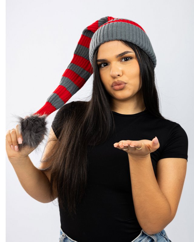 Santa hat - Red/grey striped flat knit fur pompom