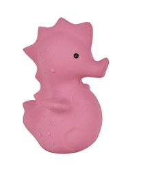 Soft, pink seahorse-shaped bath toy for babies. Made of durable, non-toxic material. Ideal for sensory play and bath time fun.
