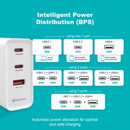 Cargador NOVOTECK C-018 65W GaN PD - Cargador rápido USB-C 65W + USB-C 20W + USB-A 20W