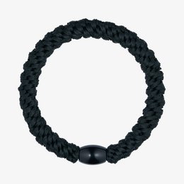  Black braided elastic hair tie with oval bead accent.