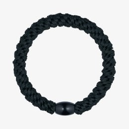 Black braided elastic hair tie with oval bead accent.