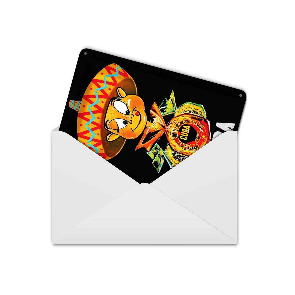 Cartolina da viaggio in latta 10x14 cm Cuba Caraibi maschio con cartello decorativo sombrero