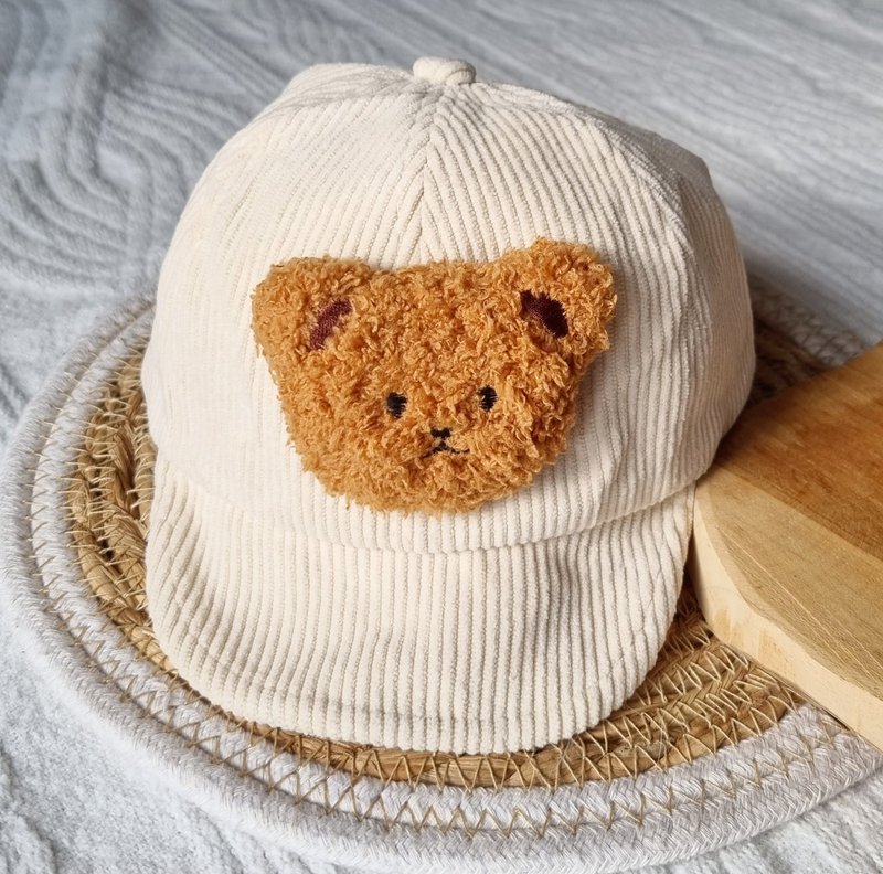Beige Corduroy Cap With Teddy Bear