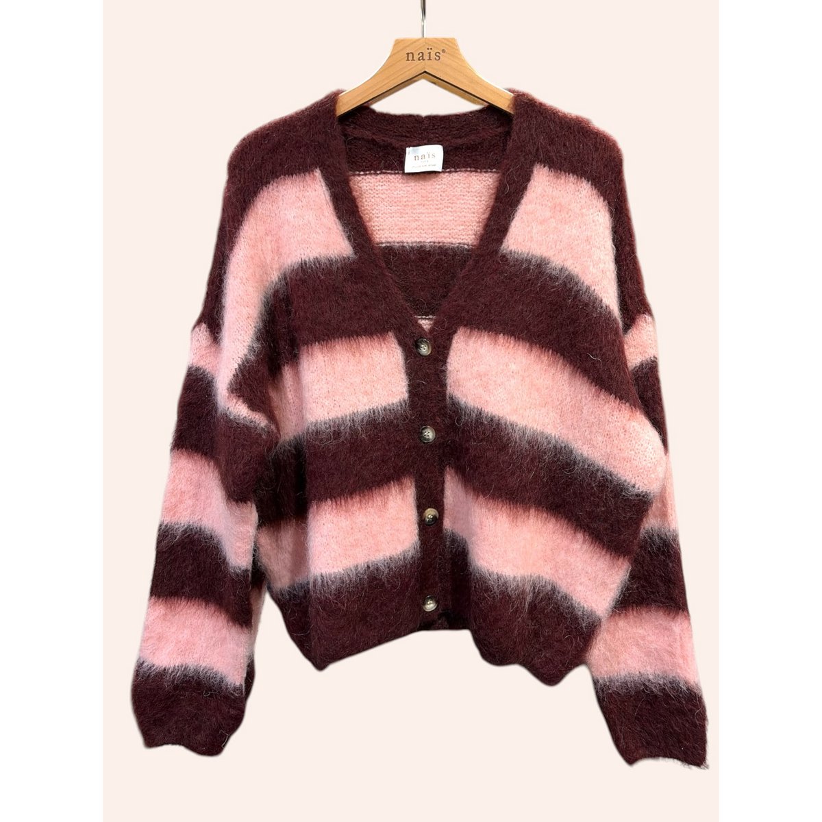 Cardigan col V à rayures manches longues en kid mohair et laine