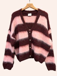 Cardigan col V à rayures manches longues en kid mohair et laine