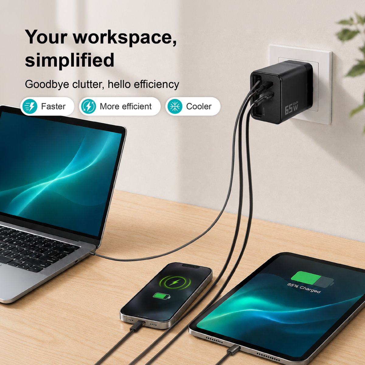 Cargador GaN de 65W con cable USB-C retráctil – NOVOTECK C-024