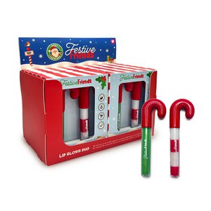 Set mit 2 weihnachtlichen Festive Friends Lipgloss in Zuckerstangenform